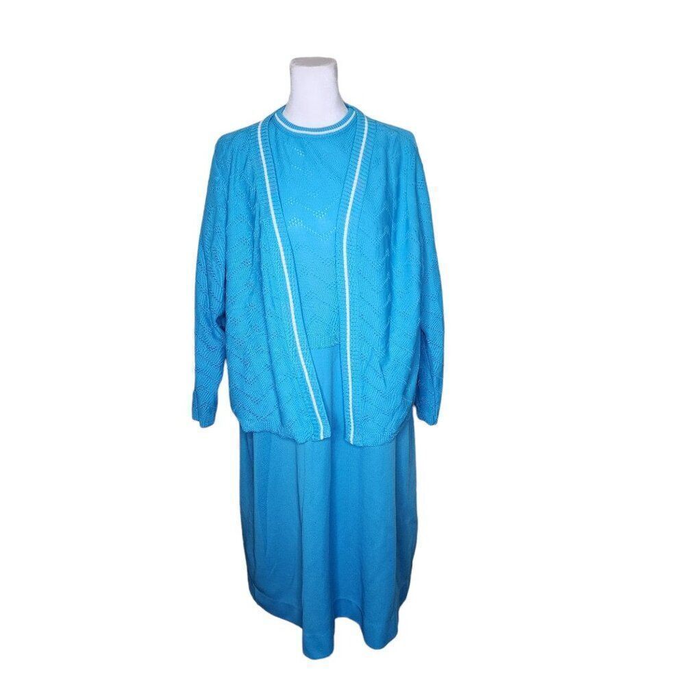 Vintage 70s 2 Piece Dress Jacket Set Womens 3XL Turquoise Blue Mod Polyester Vol